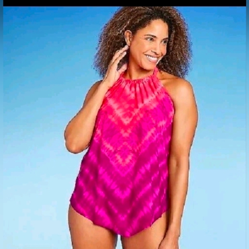 Aqua Green Women's UPF 50 High Neck Angled Tankini Top Pink